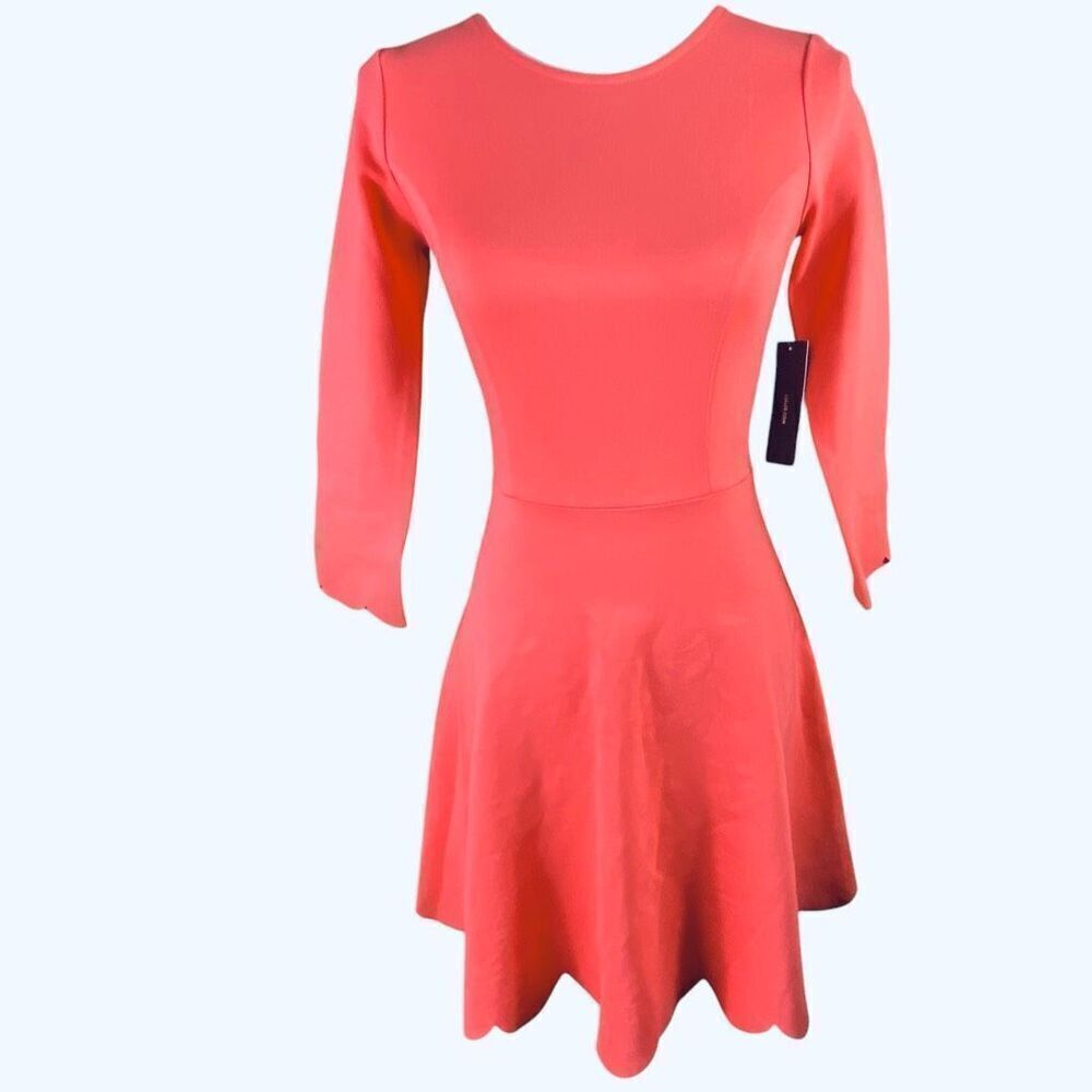 Lulus Cumulonimbus Clouds Coral Red Fitted A Line Scalloped Skater Dress Sc XS N